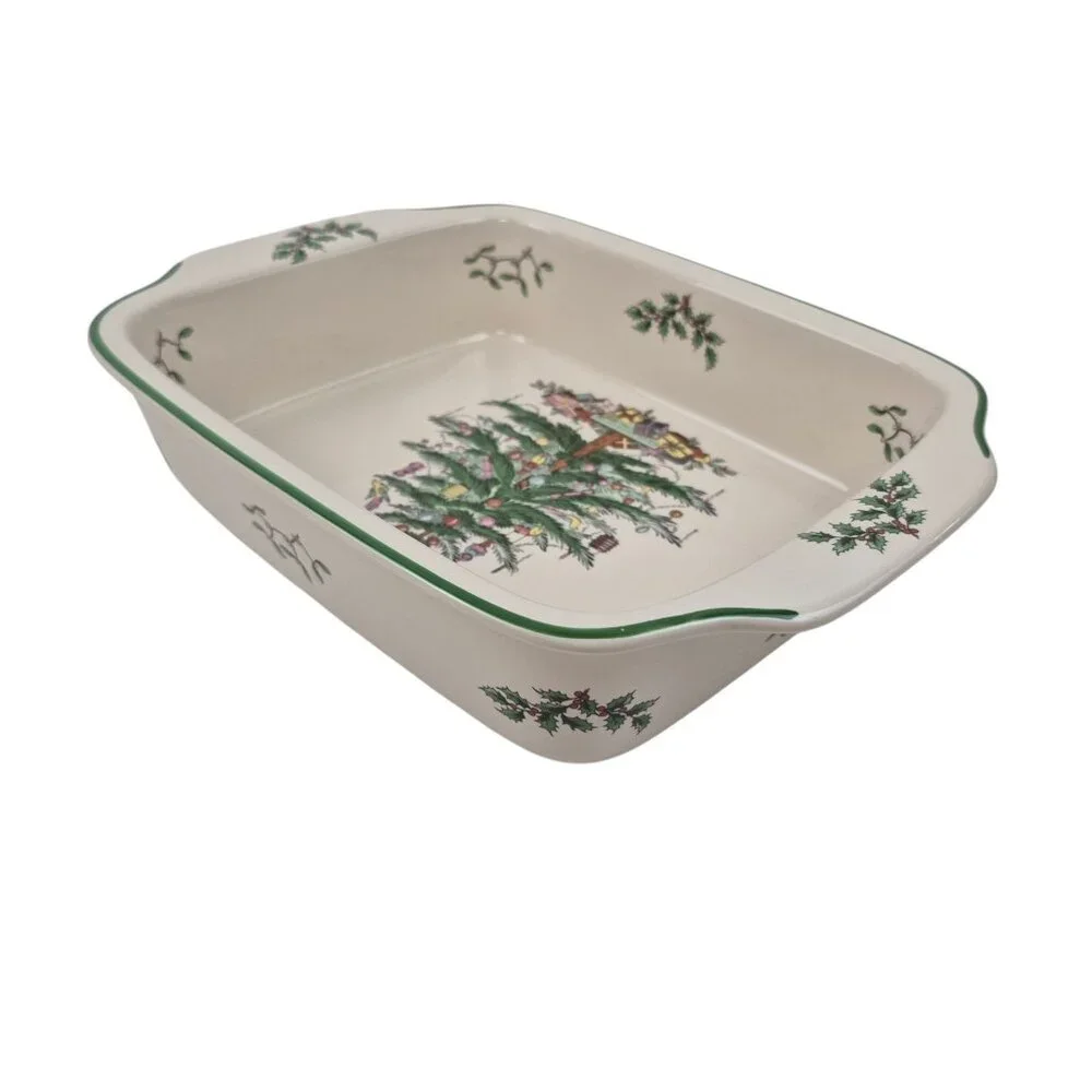 Spode Christmas Tree Rectangular Handled Dish S3324-A10 NIB 12 x 9.5 in Holiday - Picture 3 of 10